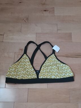 Zara NEW Criss Cross Back Yellow White Pattern Black Trim Cropped Top Size L NWT
